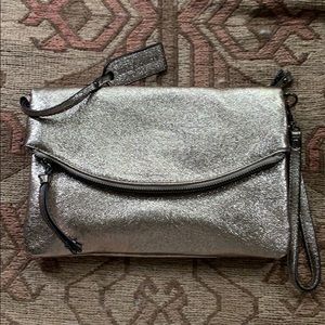 metallic pewter foldover clutch with crossbody